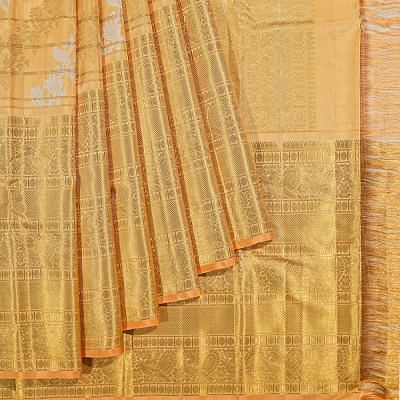 Kanchipuram Silk Checks And Jaal Sandalwood Cream Saree