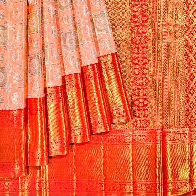 Kanchipuram Silk Checks And Butta Peach Saree