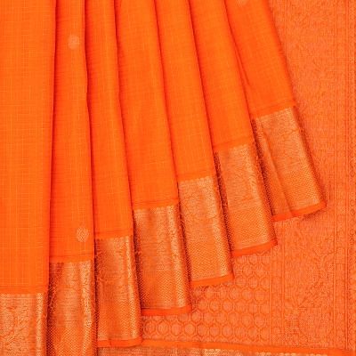 Kanchipuram Silk Checks And Butta Orange Saree