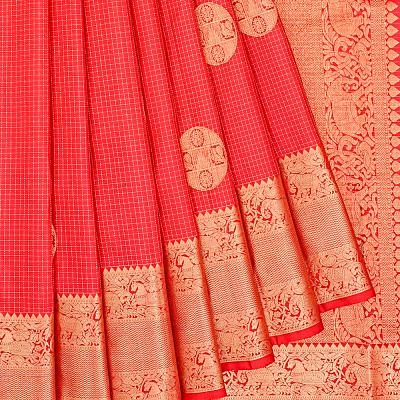 Kanchipuram Silk Checks And Butta Red Saree