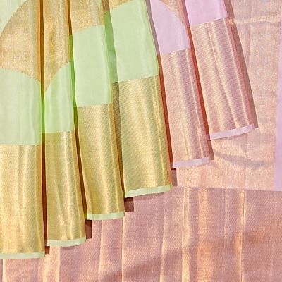 Kanchipuram Silk Geometrical Brocade Lavender And Pastel Green Saree