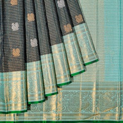 Kanchipuram Silk Checks And Butta Bottle Green Saree