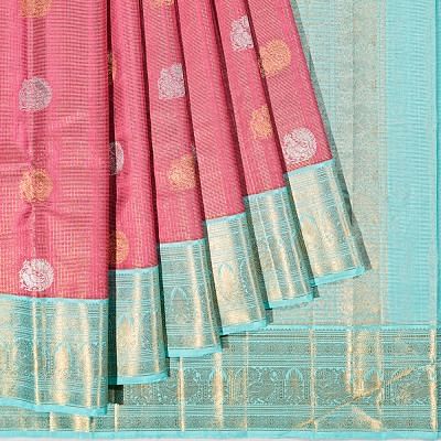 Kanchipuram Silk Checks And Butta Pink Saree