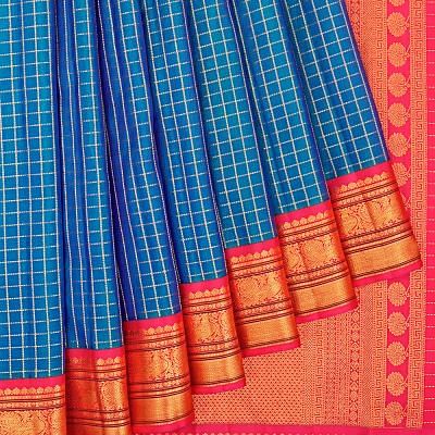 Classic Kanchipuram Silk Checks Dual Tone Green And Blue Saree