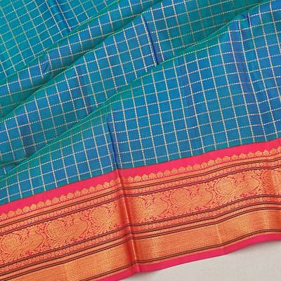 Classic Kanchipuram Silk Checks Dual Tone Green And Blue Saree