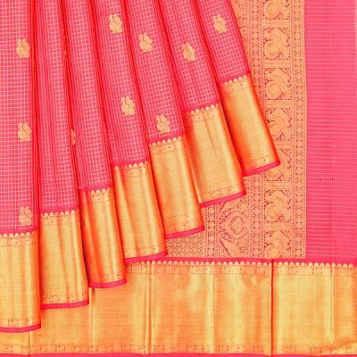 Kanchipuram Silk Checks And Butta Pink Saree