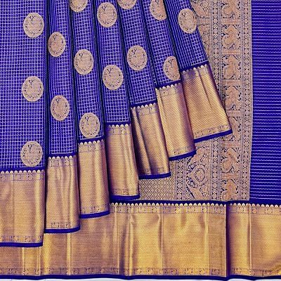 Kanchipuram Silk Checks And Butta Dark Blue Saree