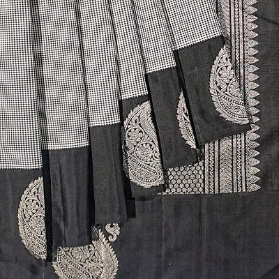 Classic Kanchipuram Silk Checks White And Black Saree