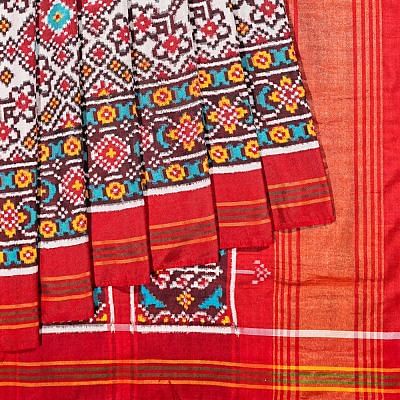 Patan Patola Silk Double Ikat Navratna White Saree