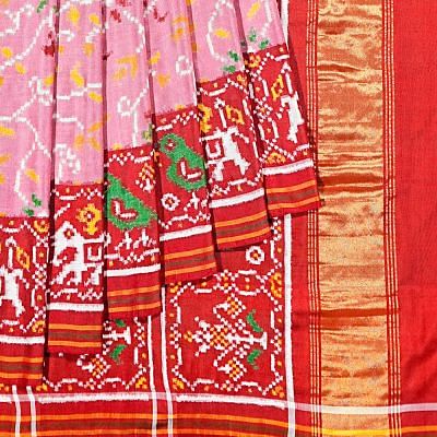 Patan Patola Silk Double Ikat Phul Bhat Baby Pink Saree