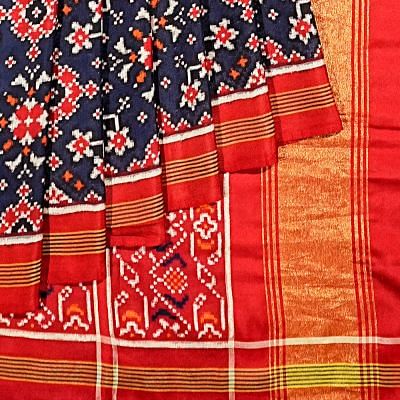 Patan Patola Silk Double Ikat Chowkdi Bhat Dark Blue Saree