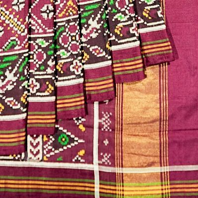 Patan Patola Silk Double Ikat Navratna Purple Saree