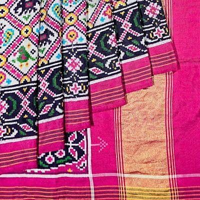 Patan Patola Silk Double Ikat Nari Kunjar Bhat White Saree