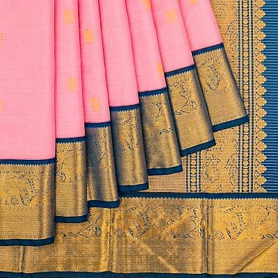 Kanchipuram Silk Checks And Butta Pink Saree