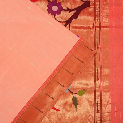 Paithani Silk Butta Peach Saree With Single Muniya Border