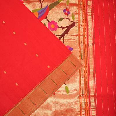 Paithani Silk Butta Red Saree With Single Muniya Border