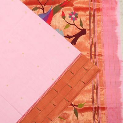 Paithani Silk Butta Baby Pink Saree With Triple Muniya Border