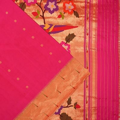 Paithani Silk Butta Rani Pink Saree With Triple Muniya Border