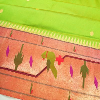 Paithani Silk Butta Parrot Green Saree With Akruthi Border