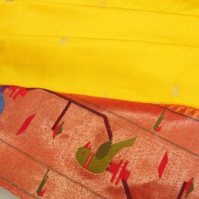 Paithani Silk Butta Yellow Saree With Akruthi Border