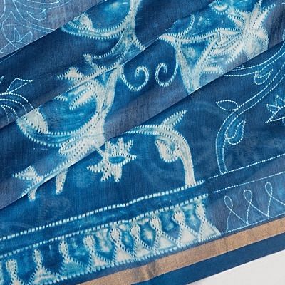 Chanderi Cotton Shibori Printed Blue Saree