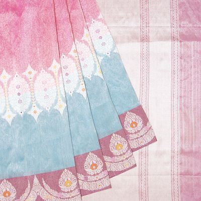 Banarasi Kora Organza Tissue Plain Pink And Sky Blue Saree