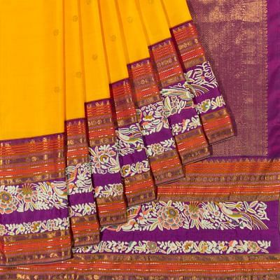 Kanchipuram Silk Butta Yellow Saree With French Knot Embroidery Border