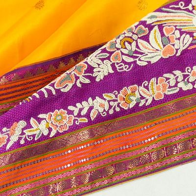 Kanchipuram Silk Butta Yellow Saree With French Knot Embroidery Border