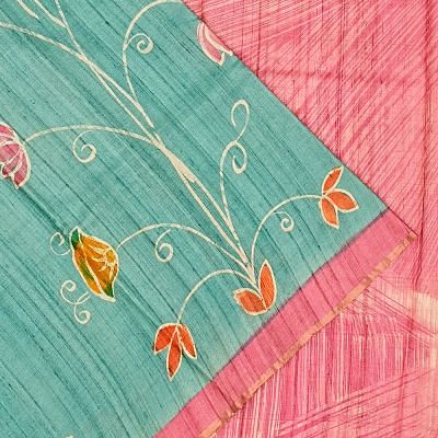 Tussar Floral Printed Aqua Blue Saree