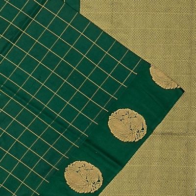 Banarasi Katan Silk Checks Dark Green Saree