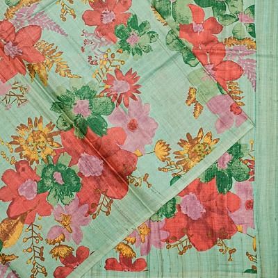 Tussar Floral Printed Sea Green Saree