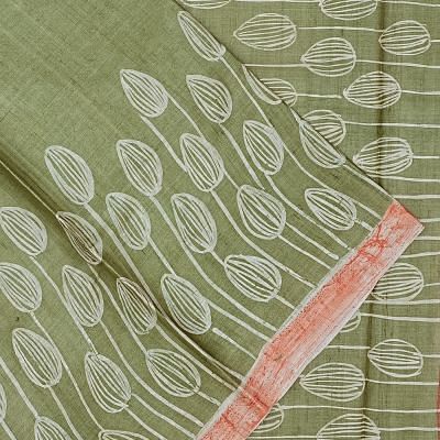 Tussar Plain Green Saree With Batik Prints