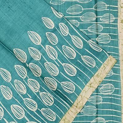 Tussar Plain Teal Blue Saree With Batik Prints