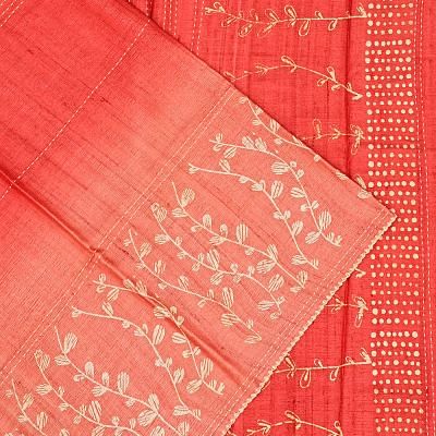 Tussar Batik Printed Red Saree With Kantha Work