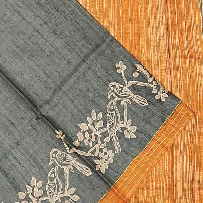 Tussar Plain Grey Saree With Aari Embroidery Outlined