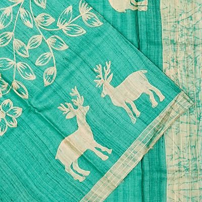 Tussar Printed Sea Green Saree