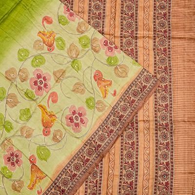 Tussar Floral Printed Pista Green Saree With Aari Embroidery Outlined