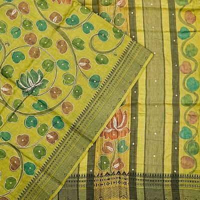 Tussar Floral Printed Green Saree With Aari Embroidery Outlined