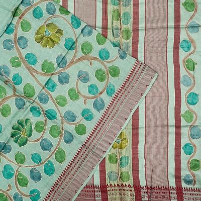 Tussar Floral Printed Sea Green Saree With Aari Embroidery Outlined