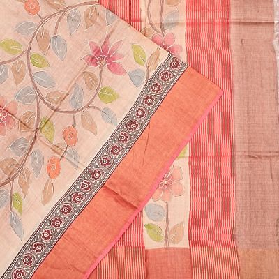 Tussar Floral Printed Peach Saree With Aari Embroidery Border