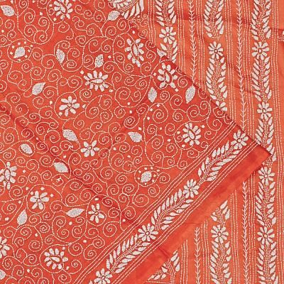 Tussar Kantha Embroidery Brick Red Saree