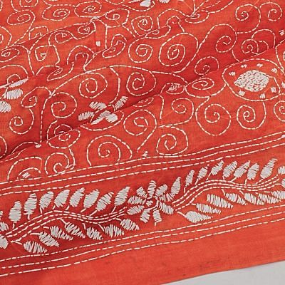 Tussar Kantha Embroidery Brick Red Saree