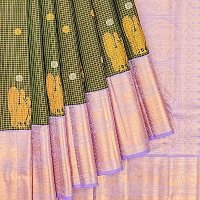 Kanchipuram Silk Checks And Butta Bottle Green Saree