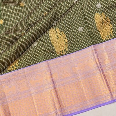 Kanchipuram Silk Checks And Butta Bottle Green Saree