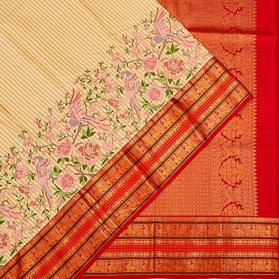 Kanchipuram Silk Vertical Lines Cream Saree With Embroidery