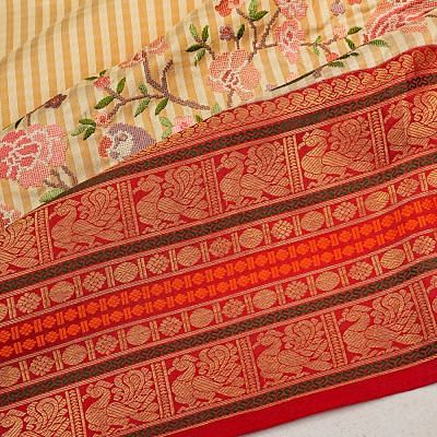 Kanchipuram Silk Vertical Lines Cream Saree With Embroidery