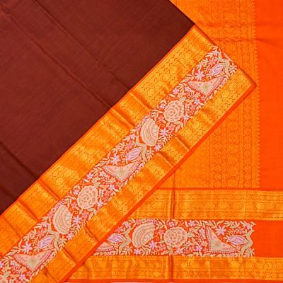 Kanchipuram Silk Plain Brown Saree With Embroidery Border