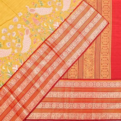 Kanchipuram Silk Horizontal Lines Mustard Yellow Saree With Embroidery