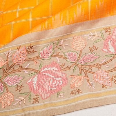 Kanchipuram Silk Checks Mustard Yellow Saree With Embroidery Border