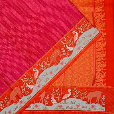 Kanchipuram Silk Vertical Lines And Butta Pink Saree With Embroidery